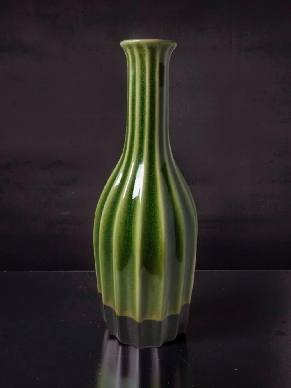 Vintage Dk.Green,Black Heavy Ceramic Ribbed Flanged Lip Vase